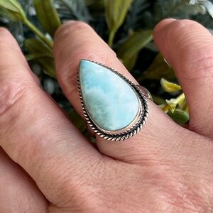 Teardrop Natural Larimar Sterling Silver Ring Sz 8